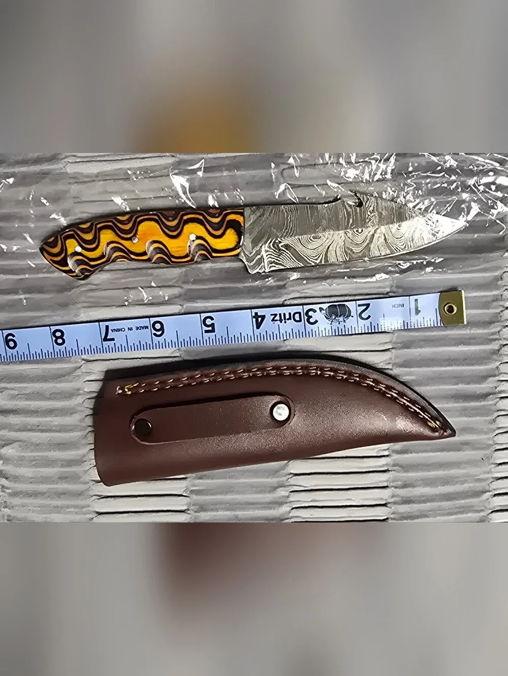 Custom Damascus Blade Knife with Yellow & Black Swirl Handle